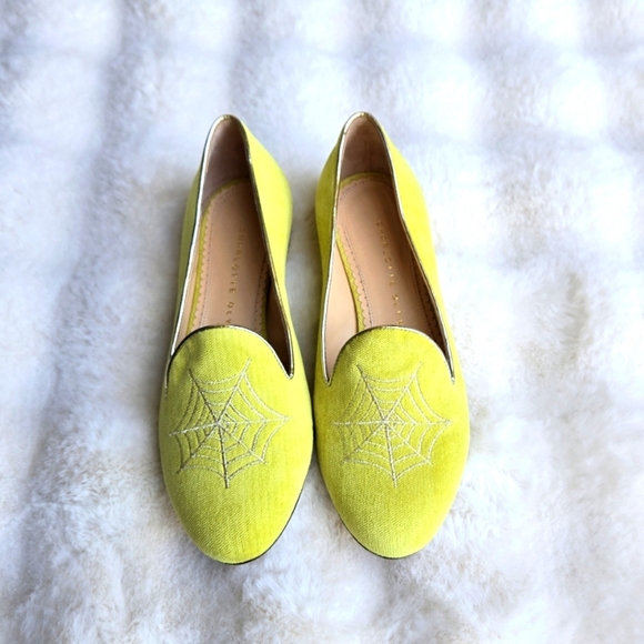 CHARLOTTE OLYMPIA Charlotte's Web Yellow Green Velvet Spider Loafers Size 35 - Picture 1 of 3